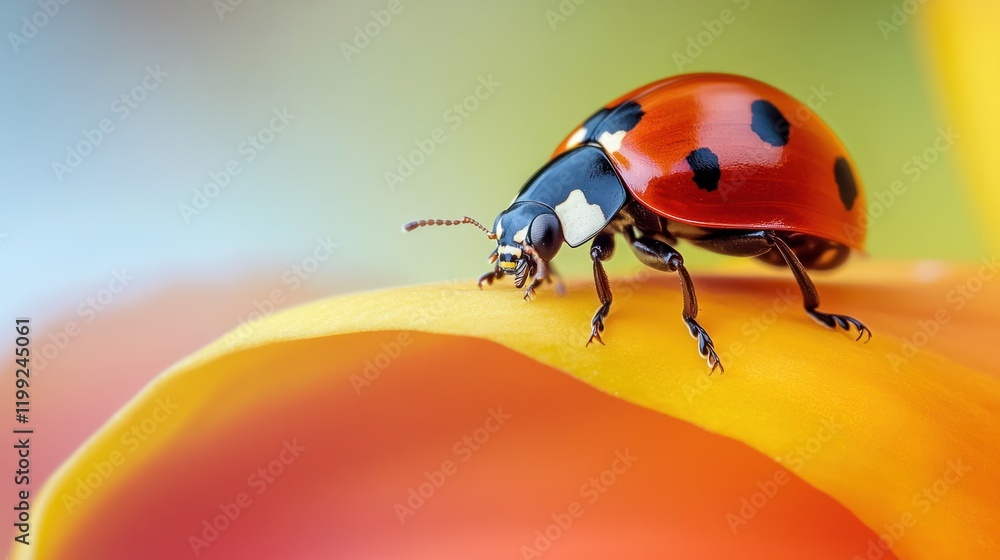 Naklejka premium Ladybug on a Petal: A Macro Photography Masterpiece