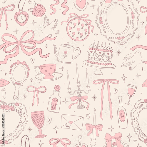 Seamless vector pattern with coquette vintage bows, ribbons, candles, cake, cup, teapot. Whimsical line art background for wedding invitation, valentine day card, poster, wallpaper design