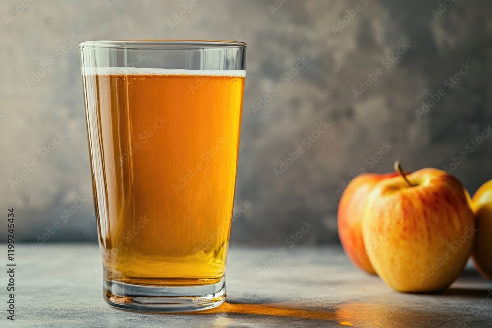 Golden beverage in clear glass beside fresh apples on textured s Golden beverage in clear glass beside fresh apples on textured s
