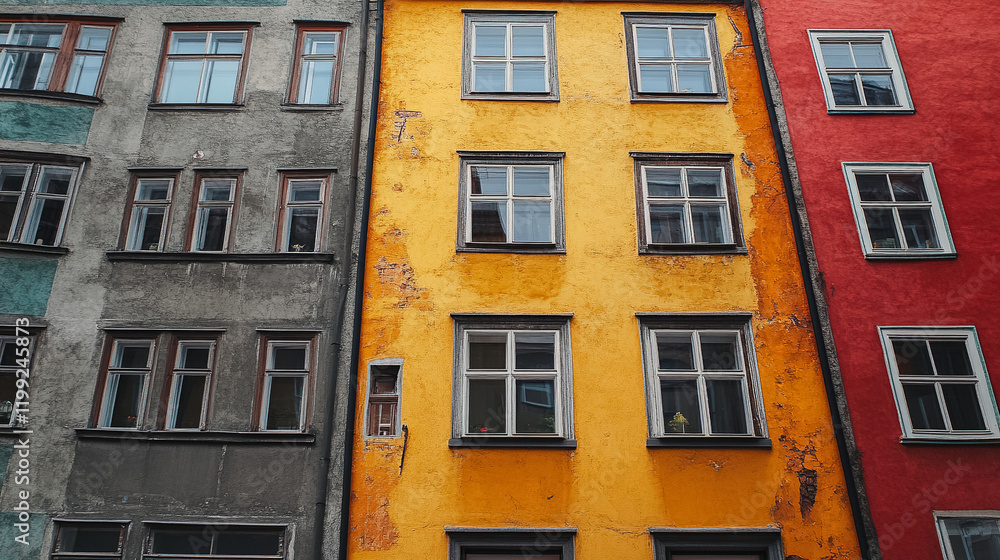 Obraz premium Colorful buildings in an urban area showcasing vibrant facades during midday in a bustling city environment. Generative AI