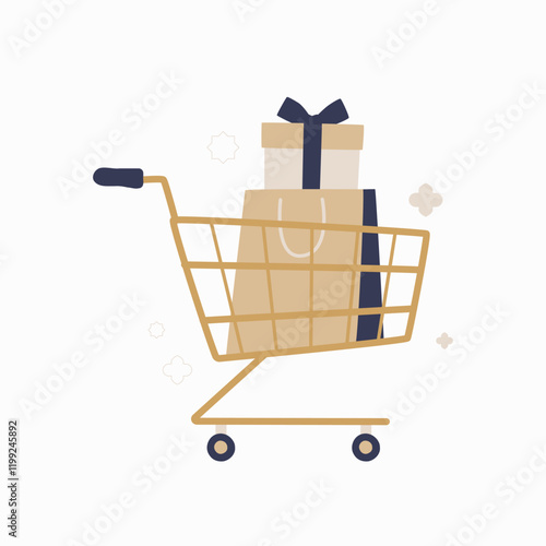 Shopping cart with gift box in flat vector illustration symbolizing holiday shopping, gift purchases, and online orders, isolated on white background.