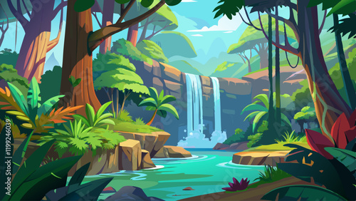A stunning tropical landscape featuring a waterfall under the canopy of a vibrant rainforest, with vines draping over rocks, water flowing into a reflective pond, lush plant life
