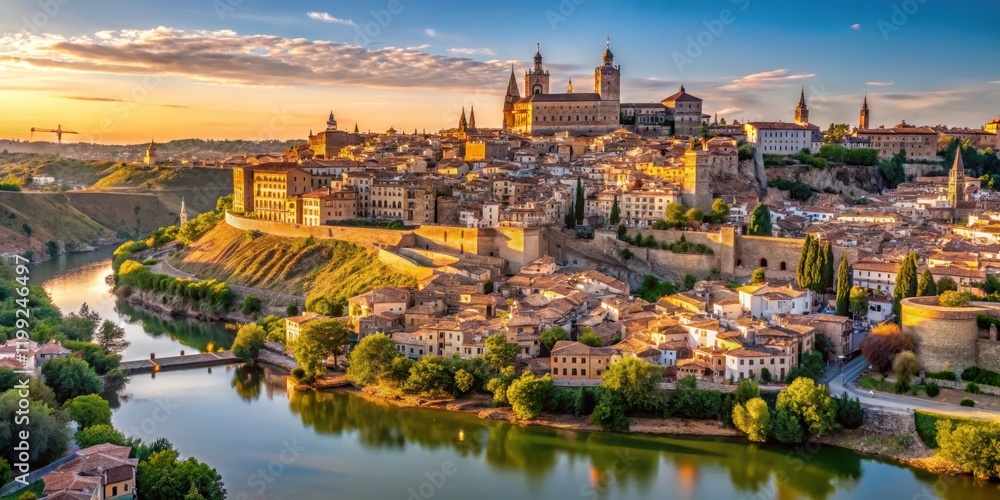 Fototapeta premium Vertical panoramic view of Toledo's old town with cathedral and river