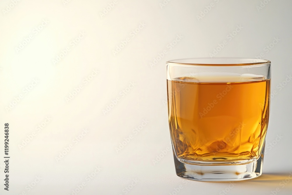 Amber drink in clear glass reflects subtle light, creating warm