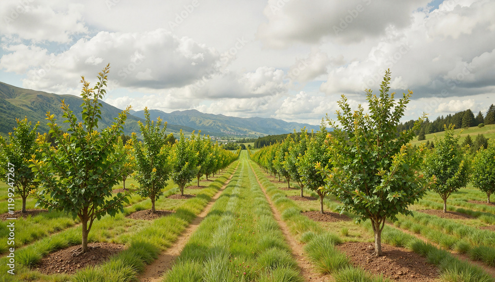 Naklejka premium Orchard landscape with rows of trees under cloudy sky