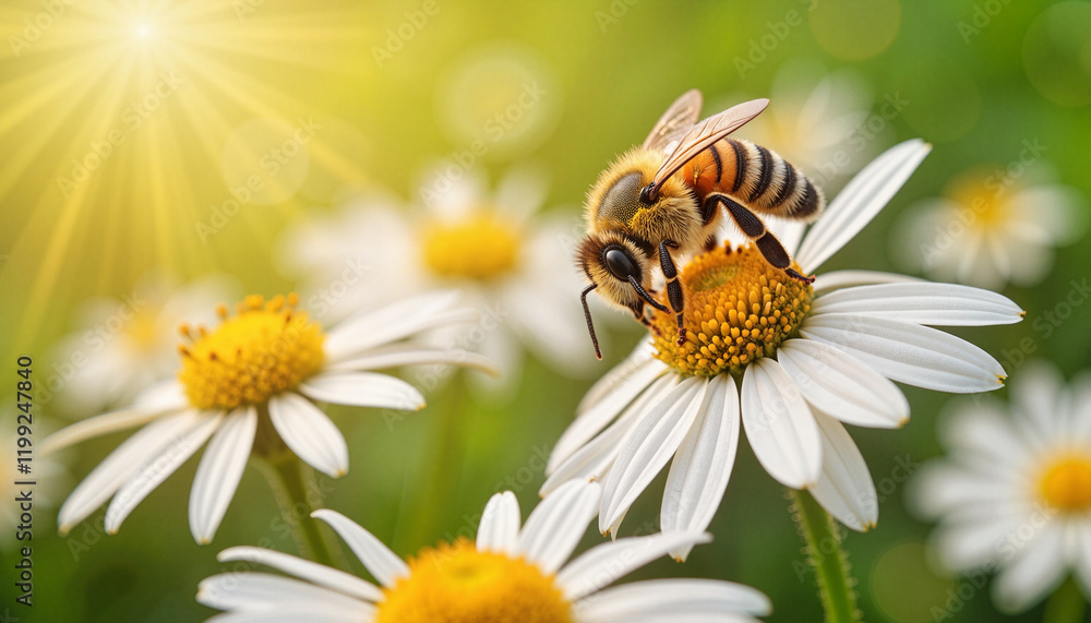 Bee pollinating flower in sunlit garden Bee pollinating flower in sunlit garden