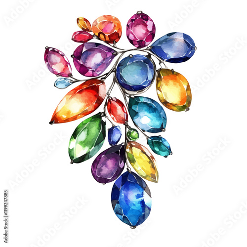 A watercolor vector painting of jewelry with colorful gemstones, showcasing a blend of art and nature, isolated on a white background.

