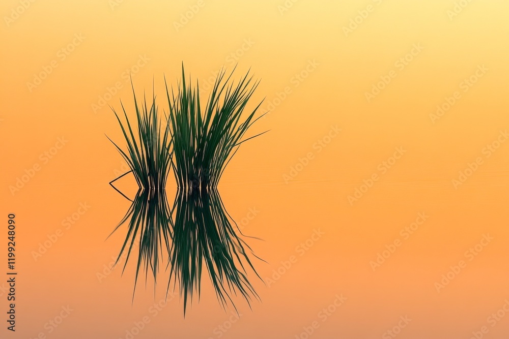 Single pine branch against a soft orange gradient background Single pine branch against a soft orange gradient background
