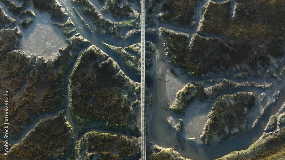 Two different landscapes, one with a bridge and the other with a river. The bridge is located in the middle of the two landscapes, and the river is on the right side