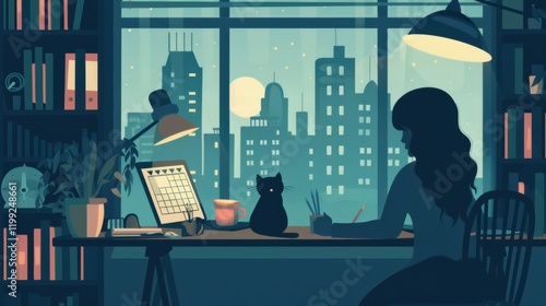 a woman studying at night with her cat