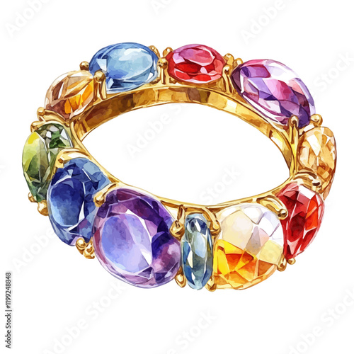 A watercolor vector painting of jewelry with colorful gemstones design, exuding grandeur and authenticity, isolated on a white background.


