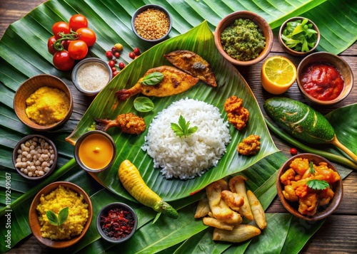 Savor an authentic Indian feast: banana leaf platter brimming with traditional, delicious dishes. Stunning food photography included.