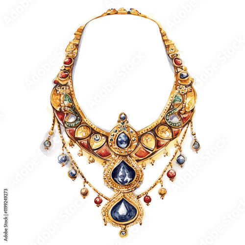 A watercolor vector painting of intricately designed wedding gold jewelry, symbolizing grandeur and deep Indian culture, isolated on a white background.

