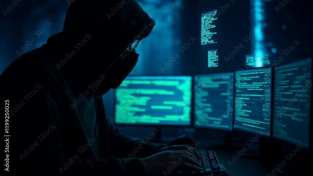 Hacker in Dark Room with Multiple Monitors Hacker in Dark Room with Multiple Monitors