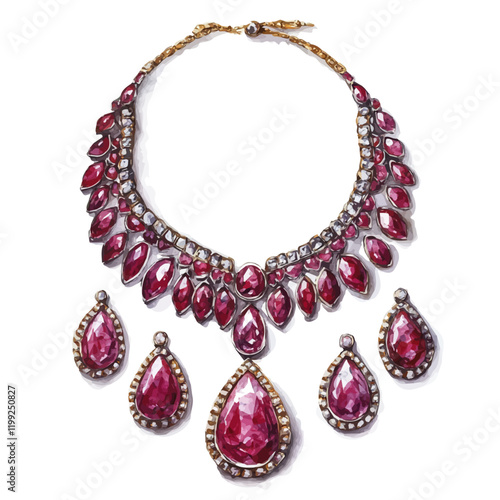 A watercolor vector painting of Indian rubies necklace and earring sets, captivating with their striking red color, isolated on a white background.

