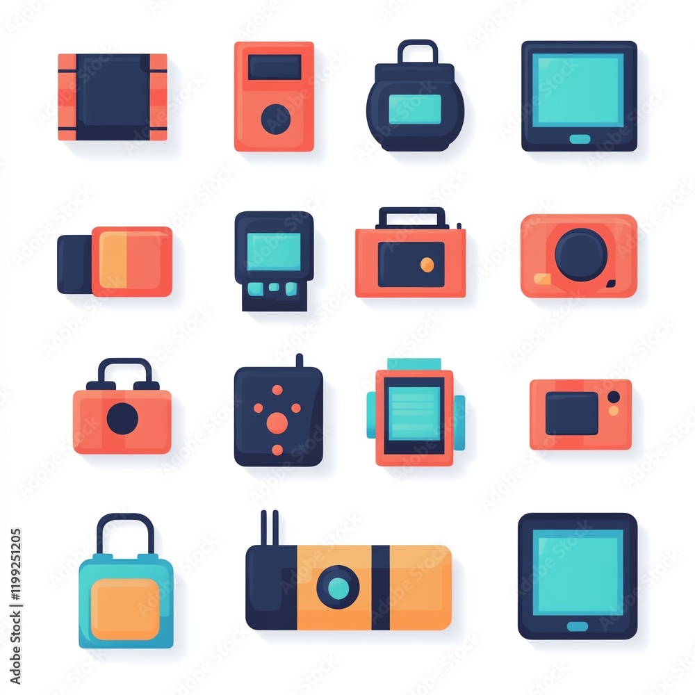 A collection of colorful, retro-styled icons representing various electronic devices and gadgets, including cameras, radios, and monitors.