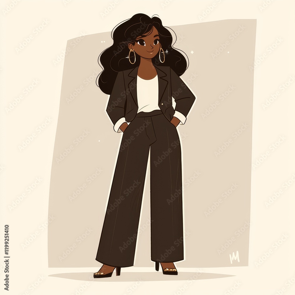 Confident Businesswoman Cartoon in Professional Suit with Stylish Hair and Earrings Confident Businesswoman Cartoon in Professional Suit with Stylish Hair and Earrings