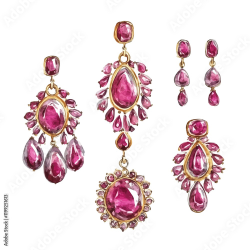 A watercolor vector painting of Indian rubies designs adorning unique and attractive sets, isolated on a white background.

