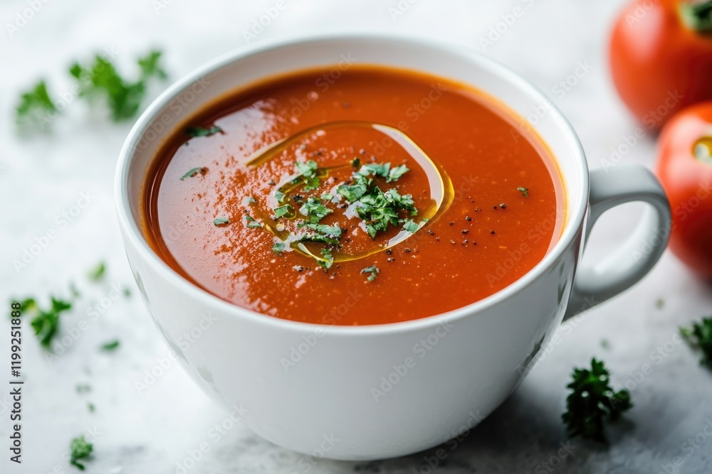 Rich tomato soup garnished with herbs, served in white bowl, evo Rich tomato soup garnished with herbs, served in white bowl, evo