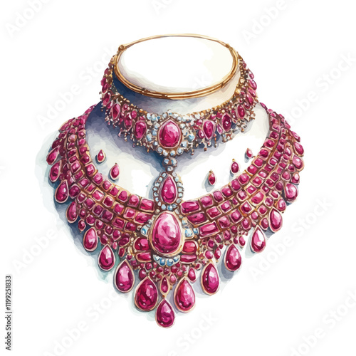 A watercolor vector painting of Indian rubies as a luxurious choice for necklaces and bracelets, isolated on a white background.

