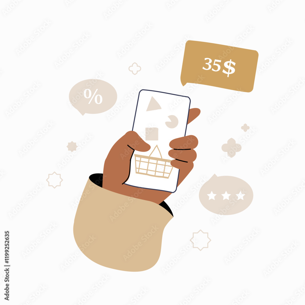Hand holding smartphone with shopping cart and price in flat vector illustration symbolizing mobile shopping, digital transactions, and price checking, isolated on white background. Hand holding smartphone with shopping cart and price in flat vector illustration symbolizing mobile shopping, digital transactions, and price checking, isolated on white background.