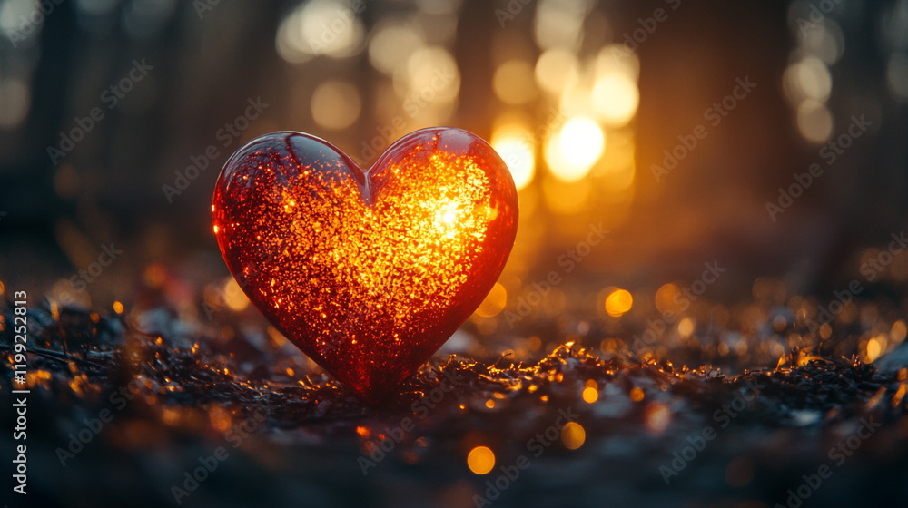 Fototapeta premium Heart-shaped crystal glows with warm light during sunset in a forest setting