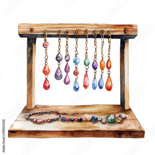 A watercolor vector painting of handmade lacquered jewelry standing out in the design, illustrated against a white background.

