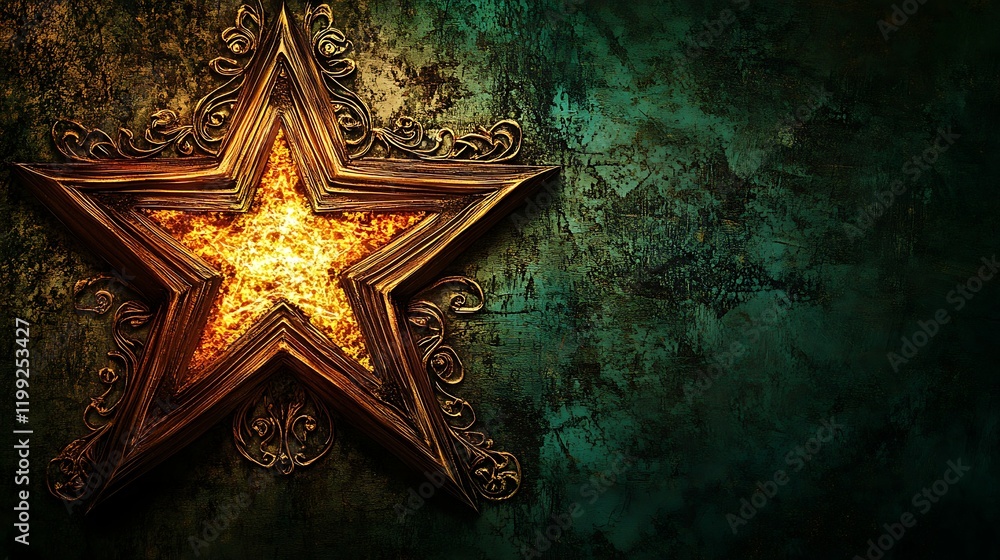 Fototapeta premium Ornate Golden Star Against Dark Green Background