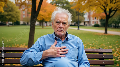 Elderly man with white hair, blue shirt, chest pain, park bench, autumn trees