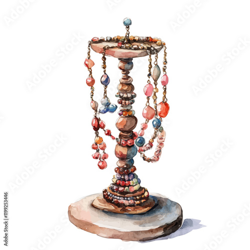 A watercolor vector painting of handmade lacquered jewelry standing out in the design, illustrated against a white background.

