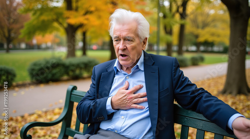 Elderly man with white hair, blue blazer, chest pain, park bench, autumn trees