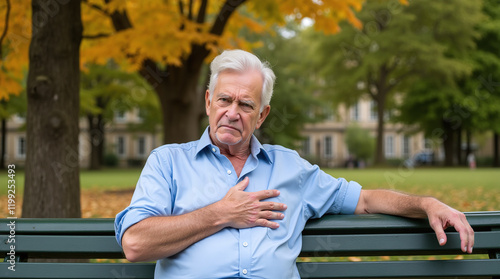 Elderly man with white hair, blue shirt, resting, chest pain, park bench, autumn trees