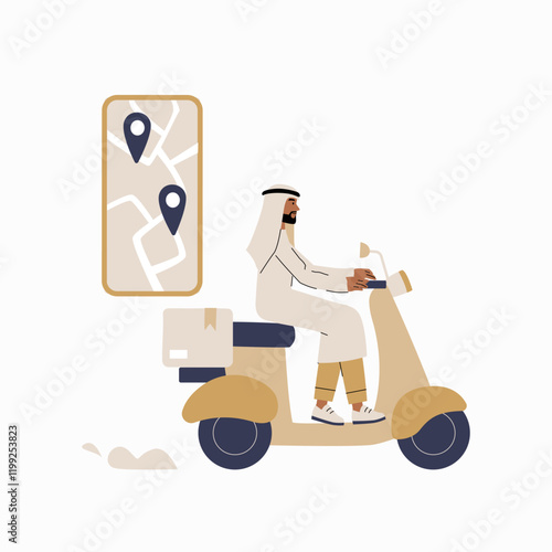 Muslim man on delivery scooter with a location map in flat vector illustration symbolizing delivery service, logistics, and navigation, isolated on white background.