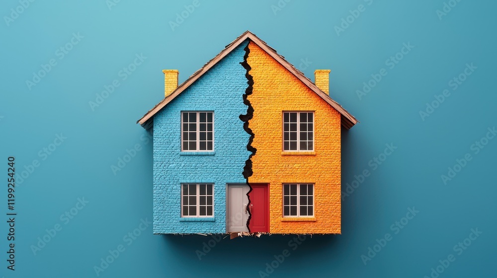 A colorful, split house design representing division, showcasing blue and orange sections with a crack in the middle. A colorful, split house design representing division, showcasing blue and orange sections with a crack in the middle.
