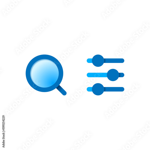 Flat gradient icon design featuring a magnifying glass and  filter controls. search and filter functionality. for ui, mobile apps, and websites with advanced search and customization features
