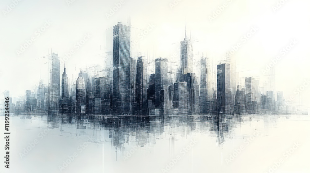 Sketchy cityscape, reflected, modern architecture. Sketchy cityscape, reflected, modern architecture.