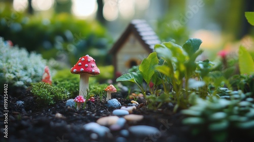 A whimsical scene of miniature mushrooms and a small house in a fairy garden setting photo