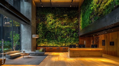 Green Hotel Lobby: A hotel reception area adorned with recycled wood furniture, LED lighting, and a vertical garden.