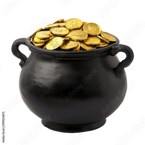 A black cauldron overflowing with shiny gold coins a whimsical symbol of wealth and fortune