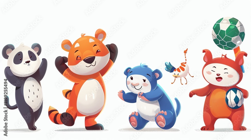 A cartoon illustration of a panda, a tiger, a blue bear, and a red fox playing with a soccer ball. A cartoon illustration of a panda, a tiger, a blue bear, and a red fox playing with a soccer ball.