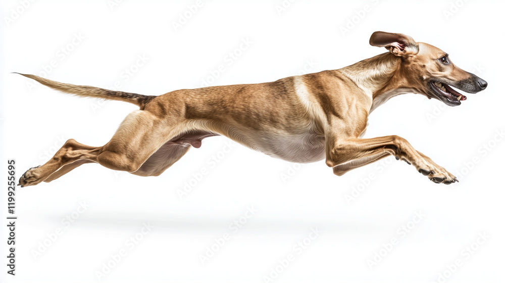 Energetic greyhound dog jumping with its slender body and focused expression on white background Energetic greyhound dog jumping with its slender body and focused expression on white background