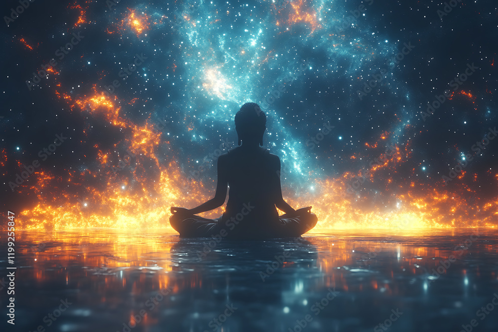 Buddha meditating in the vastness of space, surrounded by stars and cosmic light, symbolizing universal connection, enlightenment, and spiritual harmony. Buddha meditating in the vastness of space, surrounded by stars and cosmic light, symbolizing universal connection, enlightenment, and spiritual harmony.