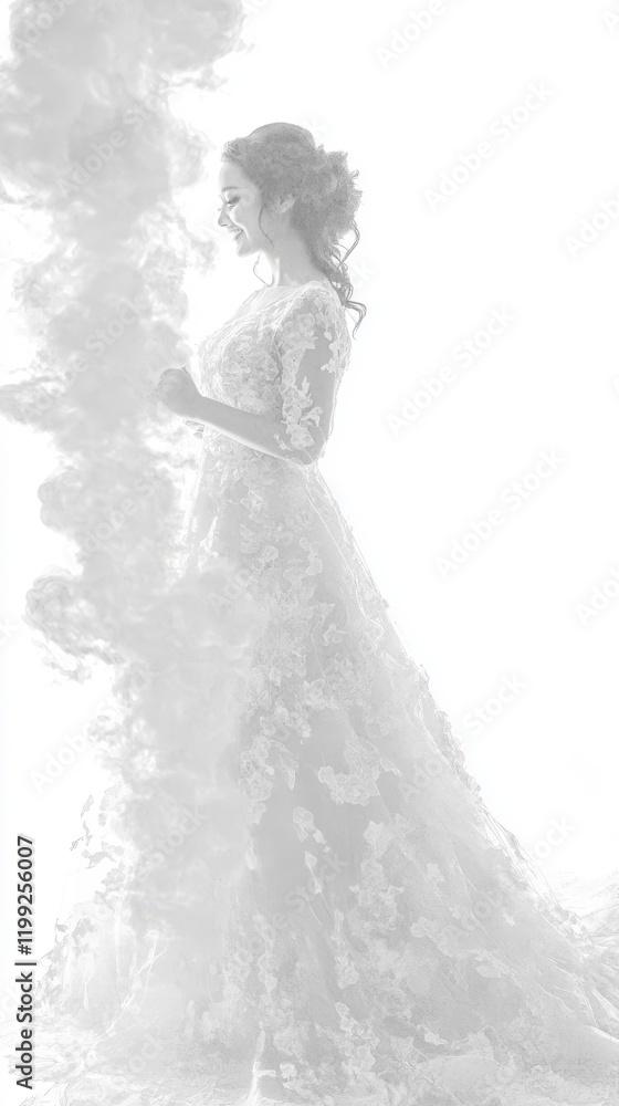 Elegant Bride in Lace Gown Surrounded by Ethereal White Smoke for Dreamy Wedding Photography Elegant Bride in Lace Gown Surrounded by Ethereal White Smoke for Dreamy Wedding Photography