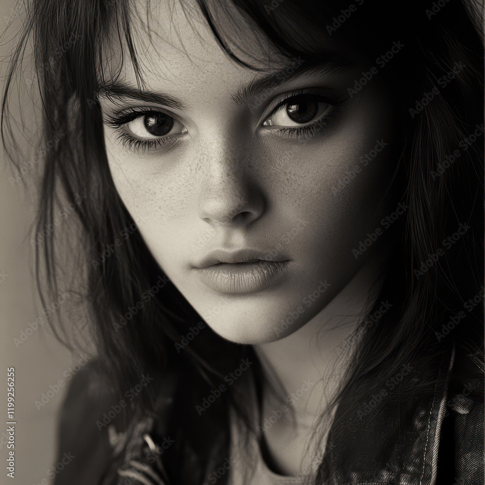 close up black and white photo of young female model, close up black and white photo of young female model,