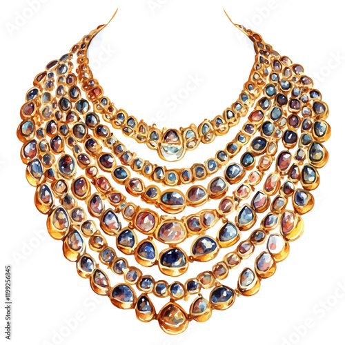 A watercolor vector painting of golden multilayer Kundan necklace sets, bringing unique beauty to jewelry.

