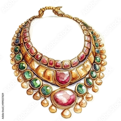 A watercolor vector painting of golden multilayer Kundan necklaces, offering a blend of artistry and luxury.

