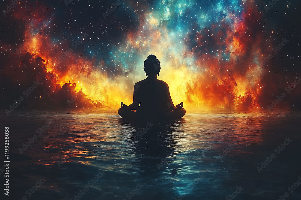 Buddha meditating in the vastness of space, surrounded by stars and cosmic light, symbolizing universal connection, enlightenment, and spiritual harmony. Buddha meditating in the vastness of space, surrounded by stars and cosmic light, symbolizing universal connection, enlightenment, and spiritual harmony.