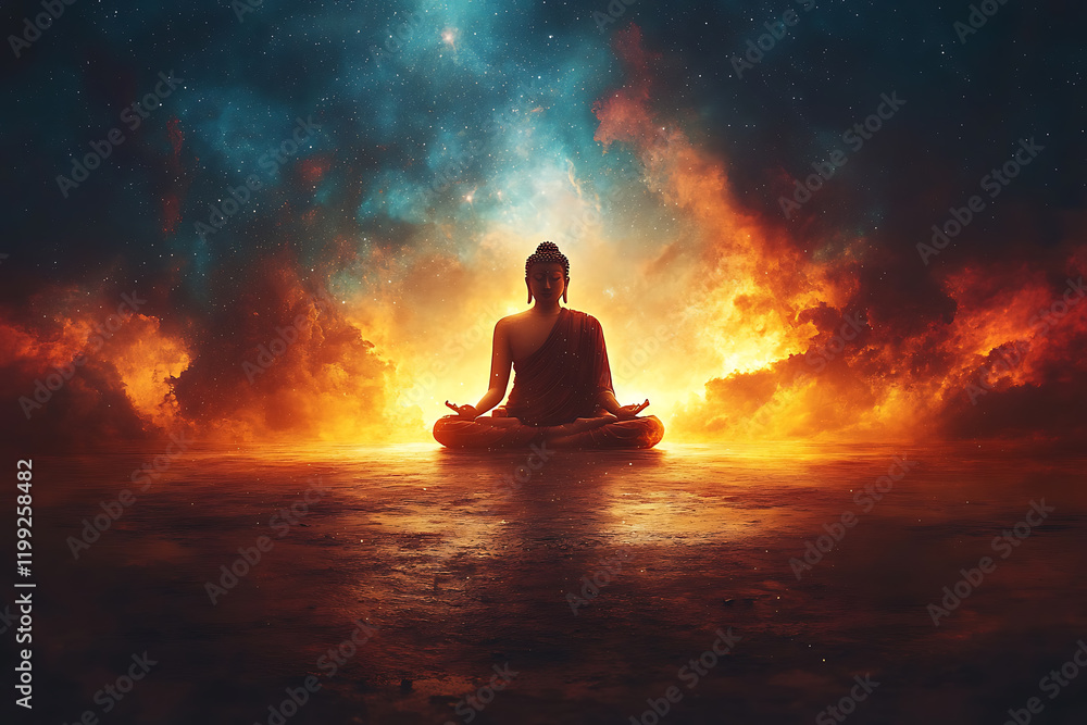 Buddha meditating in the vastness of space, surrounded by stars and cosmic light, symbolizing universal connection, enlightenment, and spiritual harmony. Buddha meditating in the vastness of space, surrounded by stars and cosmic light, symbolizing universal connection, enlightenment, and spiritual harmony.