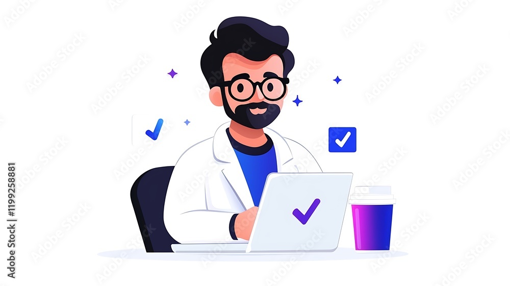 Smiling man in lab coat using laptop, coffee nearby. Smiling man in lab coat using laptop, coffee nearby.