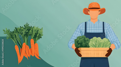 A farmer holds a basket of fresh vegetables, including lettuce and broccoli, with carrots displayed beside him against a soft green background.